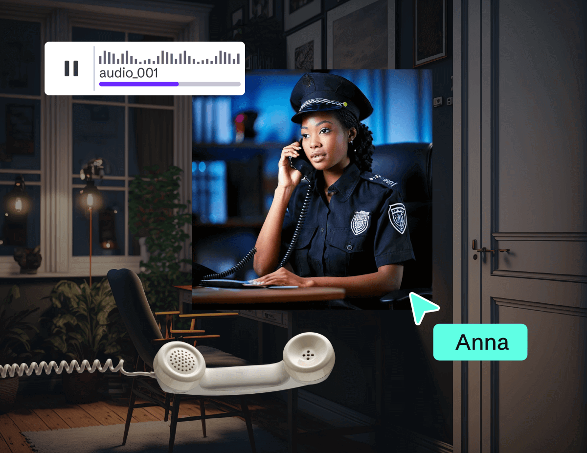 Interactive image of a phone call. A police officer named Anna is on the screen, answering a call. A phone receiver is off the hook on a desk, and an audio player shows 'audio_001' playing